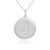Letter "J" disc pendant necklace with diamonds in 10k or 14k white gold.