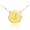 Letter "J" disc necklace with diamonds in 14k yellow gold.