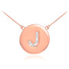 Letter "J" disc necklace with diamonds in 14k rose gold.
