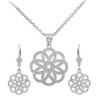 14K White Gold Celtic Knot Round Flower Necklace Earring Set