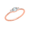 Rose Gold Dainty Solitaire Aquamarine and White Topaz Rope Design Promise/Stackable Ring