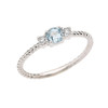 White Gold Dainty Solitaire Aquamarine and White Topaz Rope Design Promise/Stackable Ring
