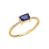 Dainty Yellow Gold Solitaire Emerald Cut Iolite and Diamond Rope Design Engagement/Promise Ring