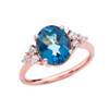 3 Carat Blue Topaz Solitaire Rose Gold Modern Proposal/Promise Ring With White Topaz Sidestones