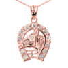 Rose Gold CZ Horseshoe with Horse Head Charm Pendant Necklace