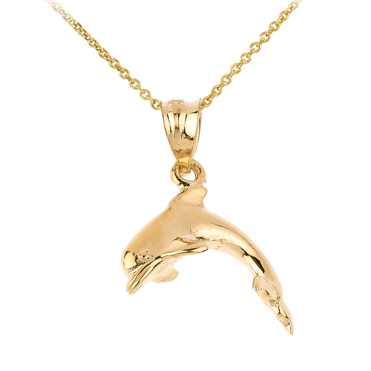 SOLID 14KT GOLD DOLPHIN CHARM TWO TONE DIAMOND CUT PENDANT NECKLACE