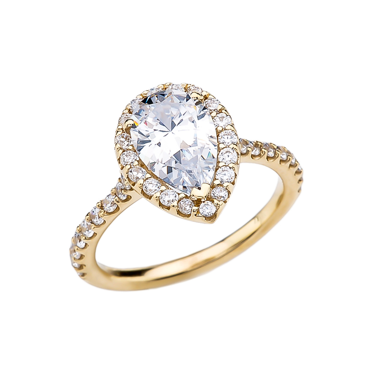 3 Carat Cubic Zirconia Pear Shape Halo Solitaire Elegant Yellow Gold