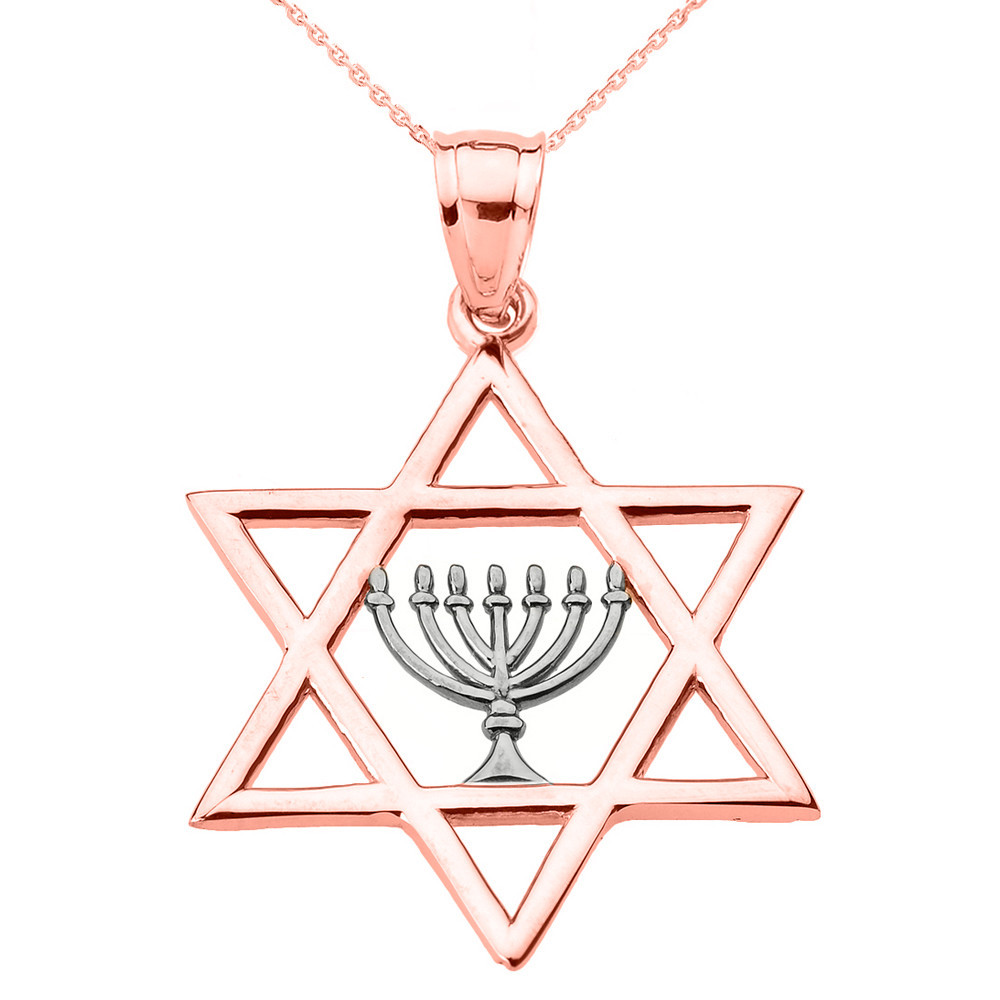 Gold Star of David with Menorah Pendant Necklace (Available in Two Tone  Yellow Two Tone Rose White Gold)