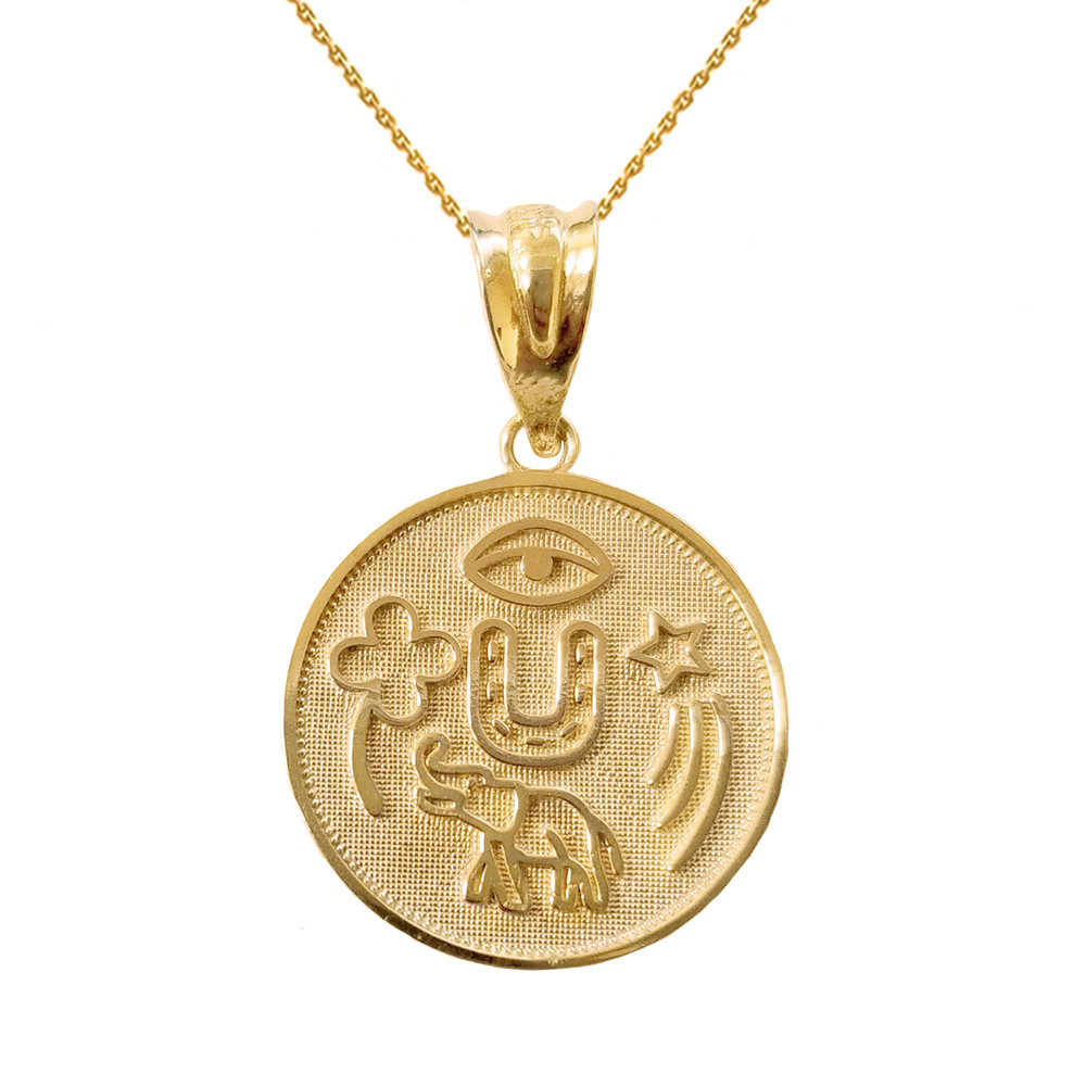 Solid Yellow Gold Lucky Charms Amulet Good Luck Disc Medallion