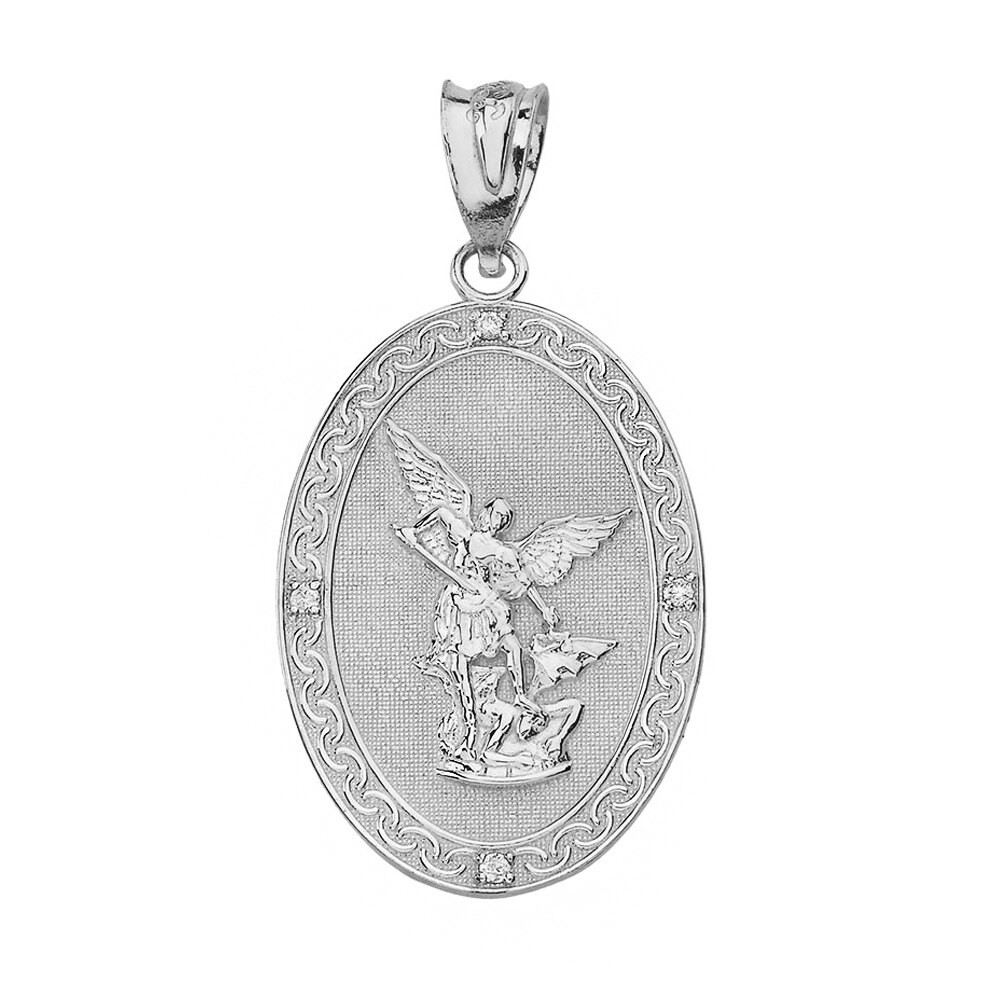 Archangel Michael Oval Medallion Diamond Prayer Pendant Necklace