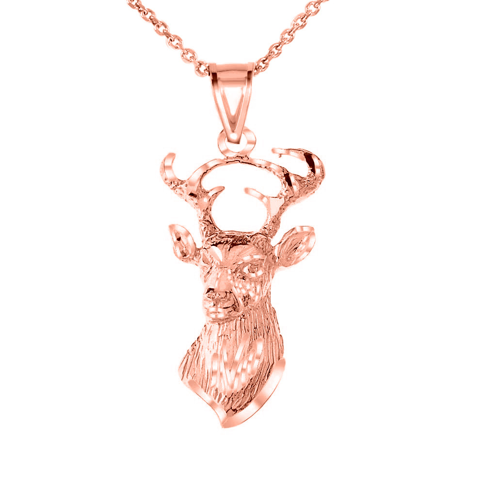Gold Diamond Cut Deer Head Buck Pendant Necklace Factory Direct