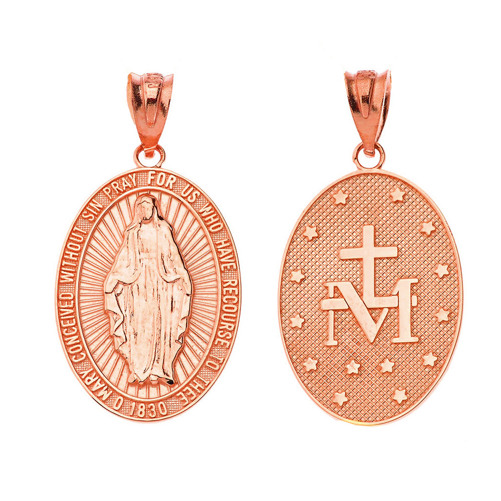 Our Lady of Graces Miraculous Medal Oval Pendant Necklace in Solid Gold (Yellow/Rose/White)