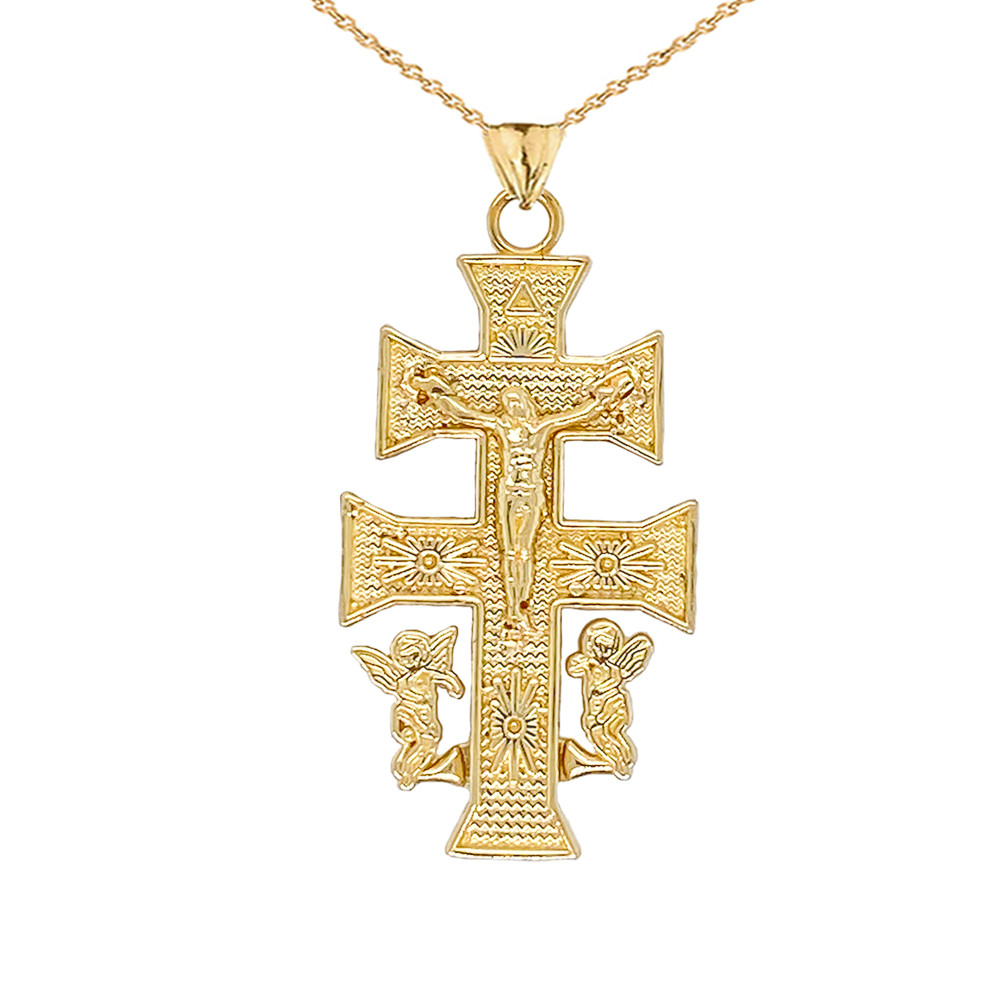 CARAVACA DOUBLE CROSS WITH ANGELS CRUCIFIX PENDANT in Gold (Yellow