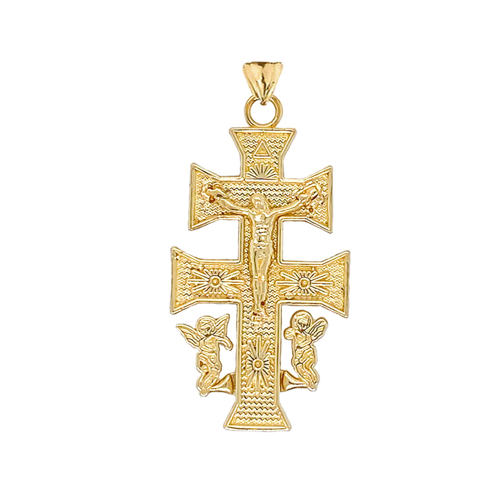 CARAVACA DOUBLE CROSS WITH ANGELS CRUCIFIX PENDANT in Gold (Yellow