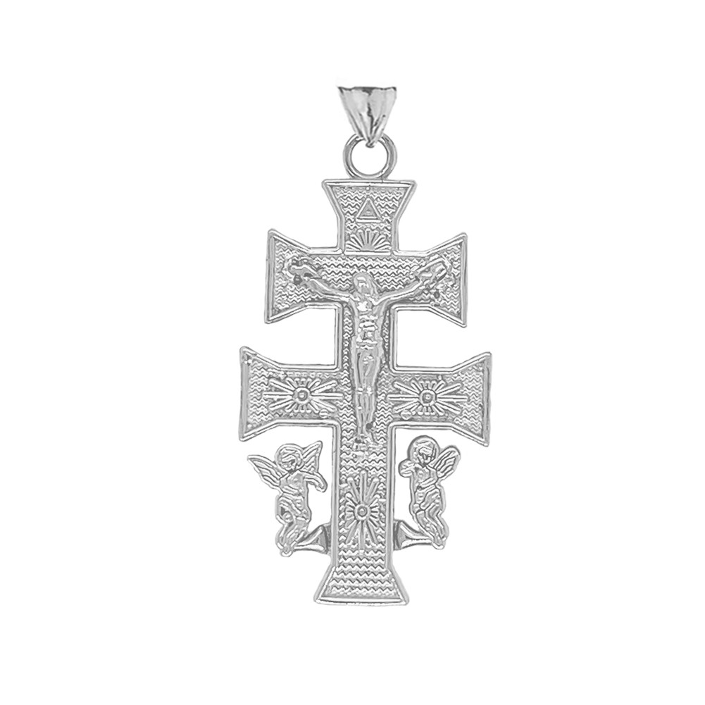 CARAVACA DOUBLE CROSS WITH ANGELS CRUCIFIX PENDANT in Gold (Yellow
