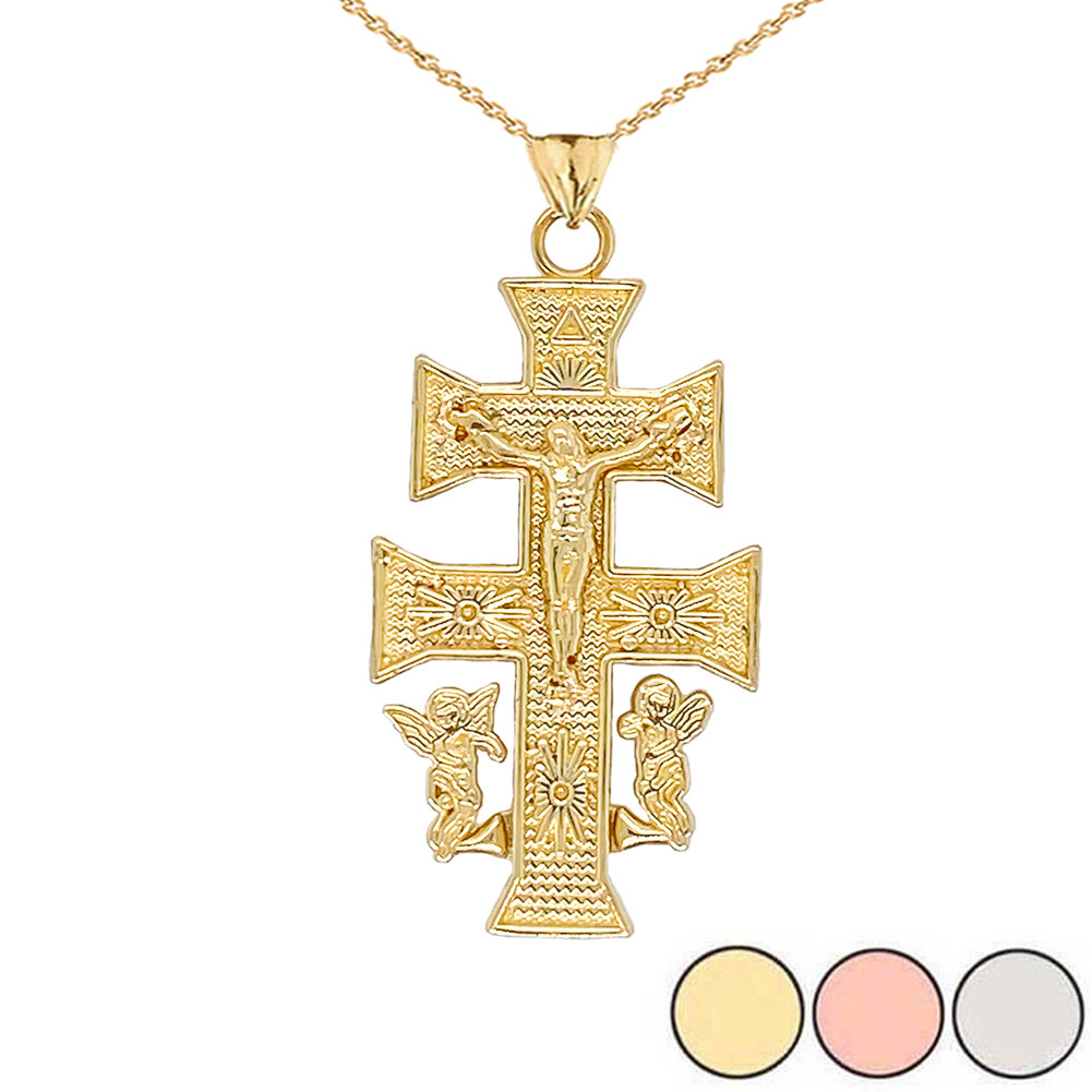 CARAVACA DOUBLE CROSS WITH ANGELS CRUCIFIX PENDANT in Gold (Yellow
