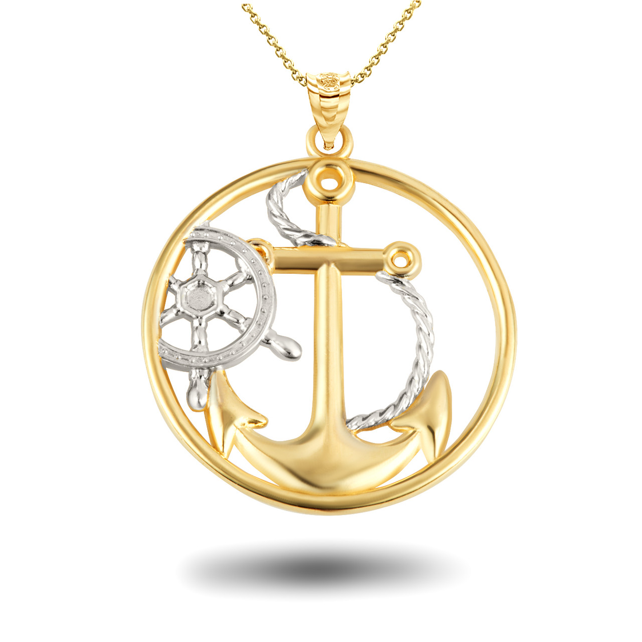 Two-Tone Gold Nautical Ship Wheel Anchor Rope Pendant Necklace (Available in Yellow/Rose/White Gold)