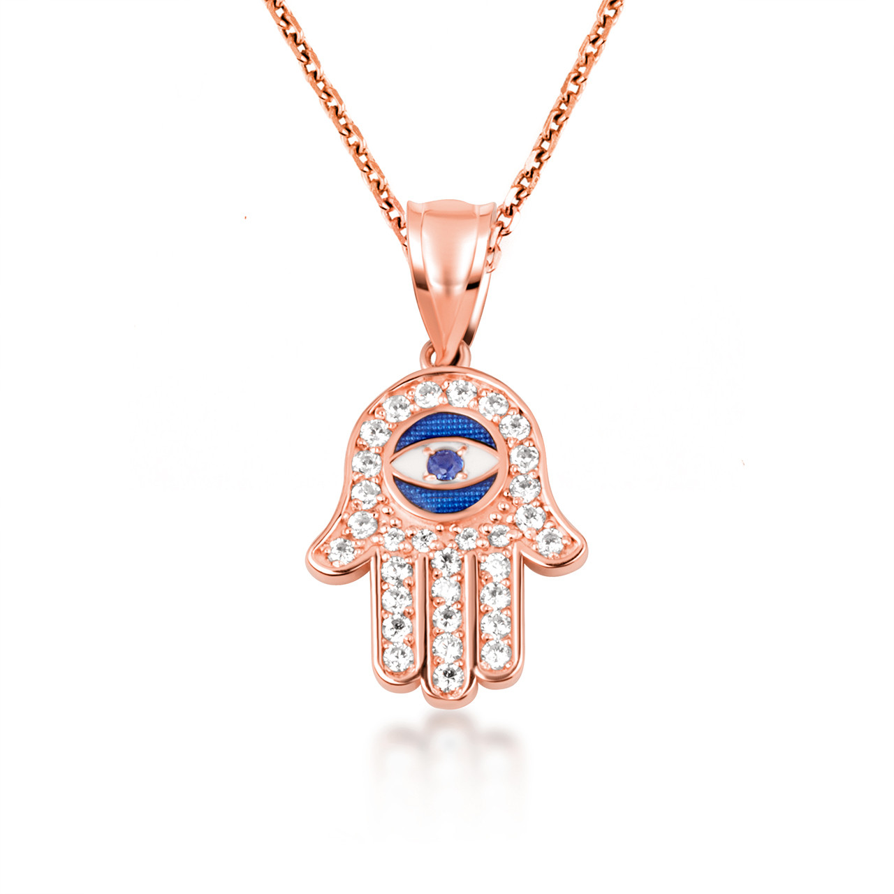 14K Gold Enamel Cubic Zirconia Studded Hamsa Hand Evil Eye Of
