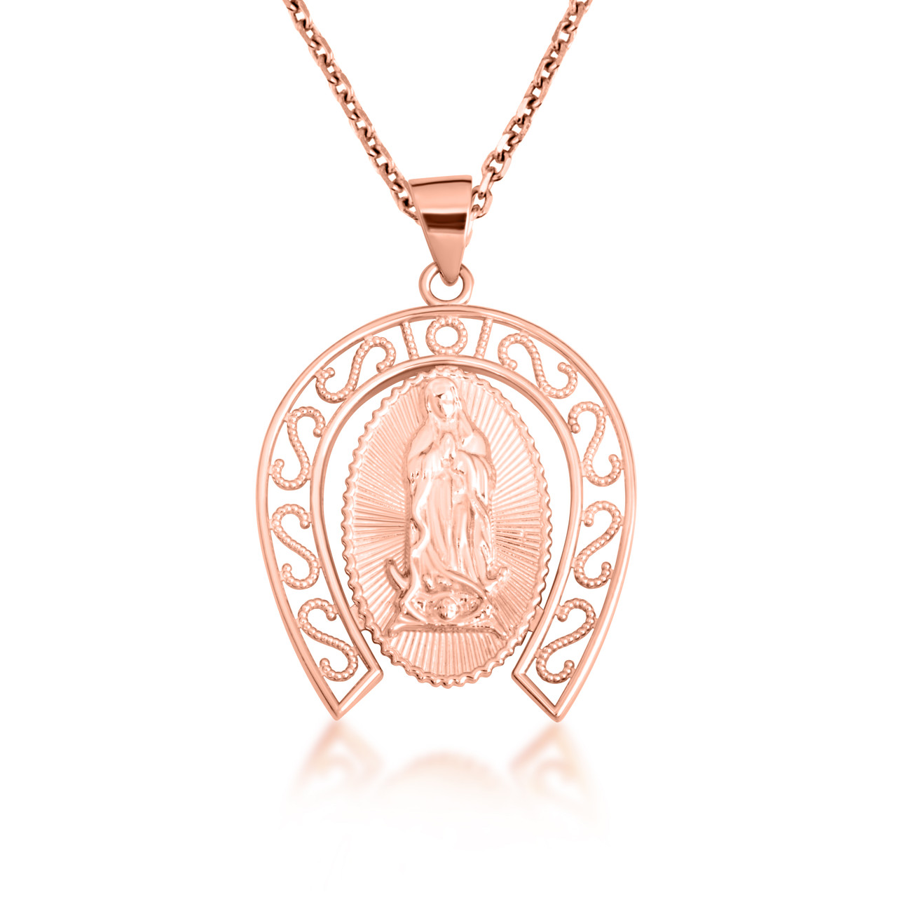 Gold Lady Of Guadalupe Filigree Horseshoe Pendant Necklace