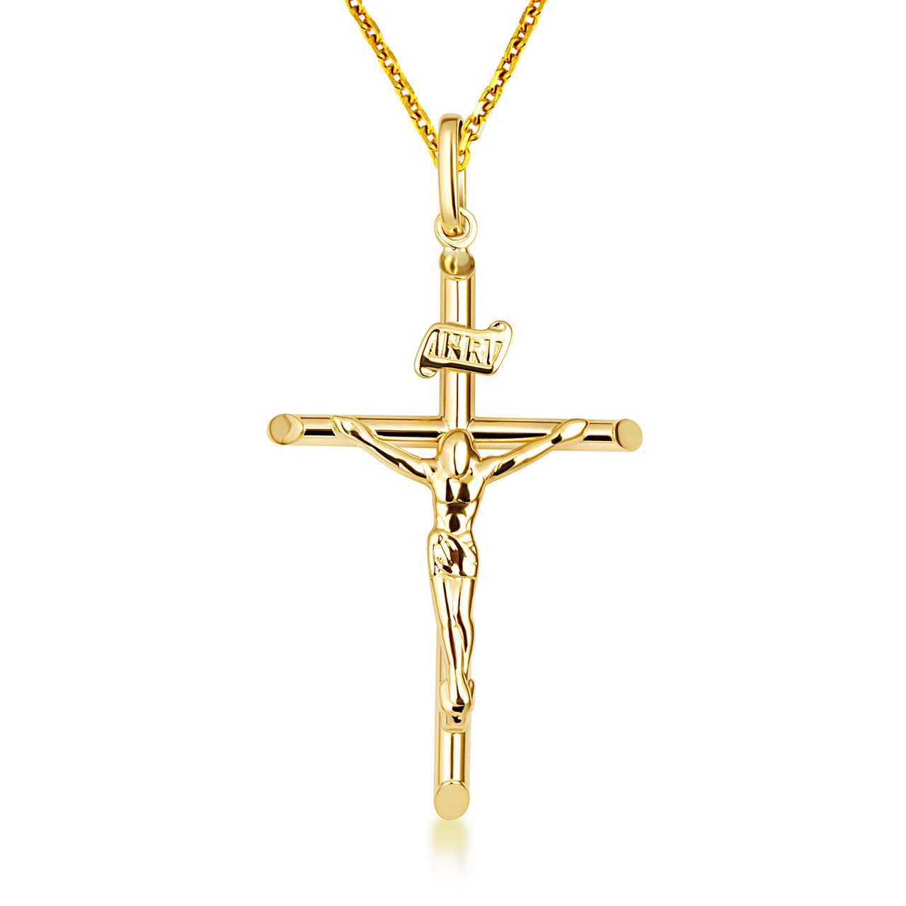 14K Yellow Gold INRI Cross Crucifix Jesus Christ Pendant Necklace