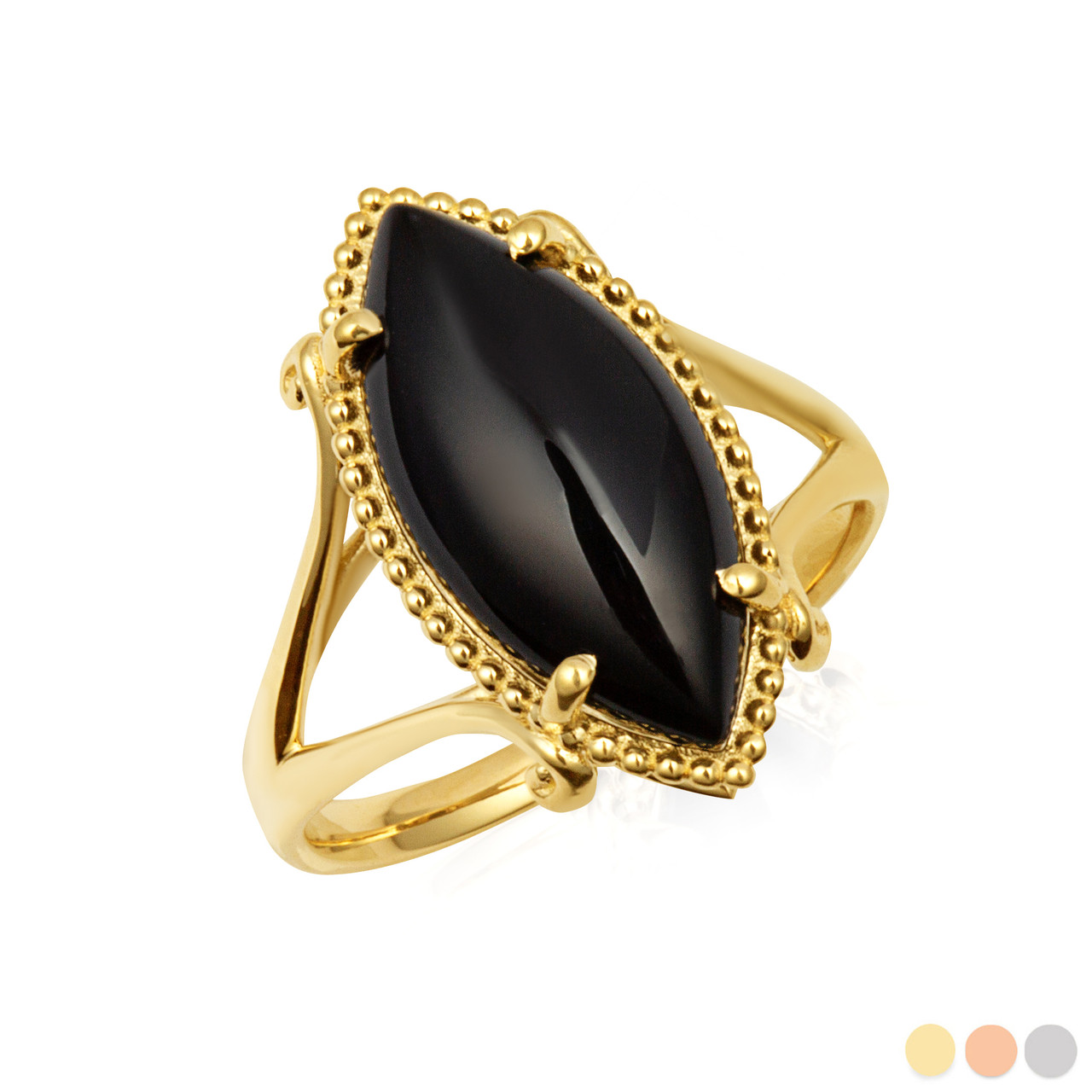 Gold Marquise Cut Black Onyx Gemstone Milgrain Ring Factory