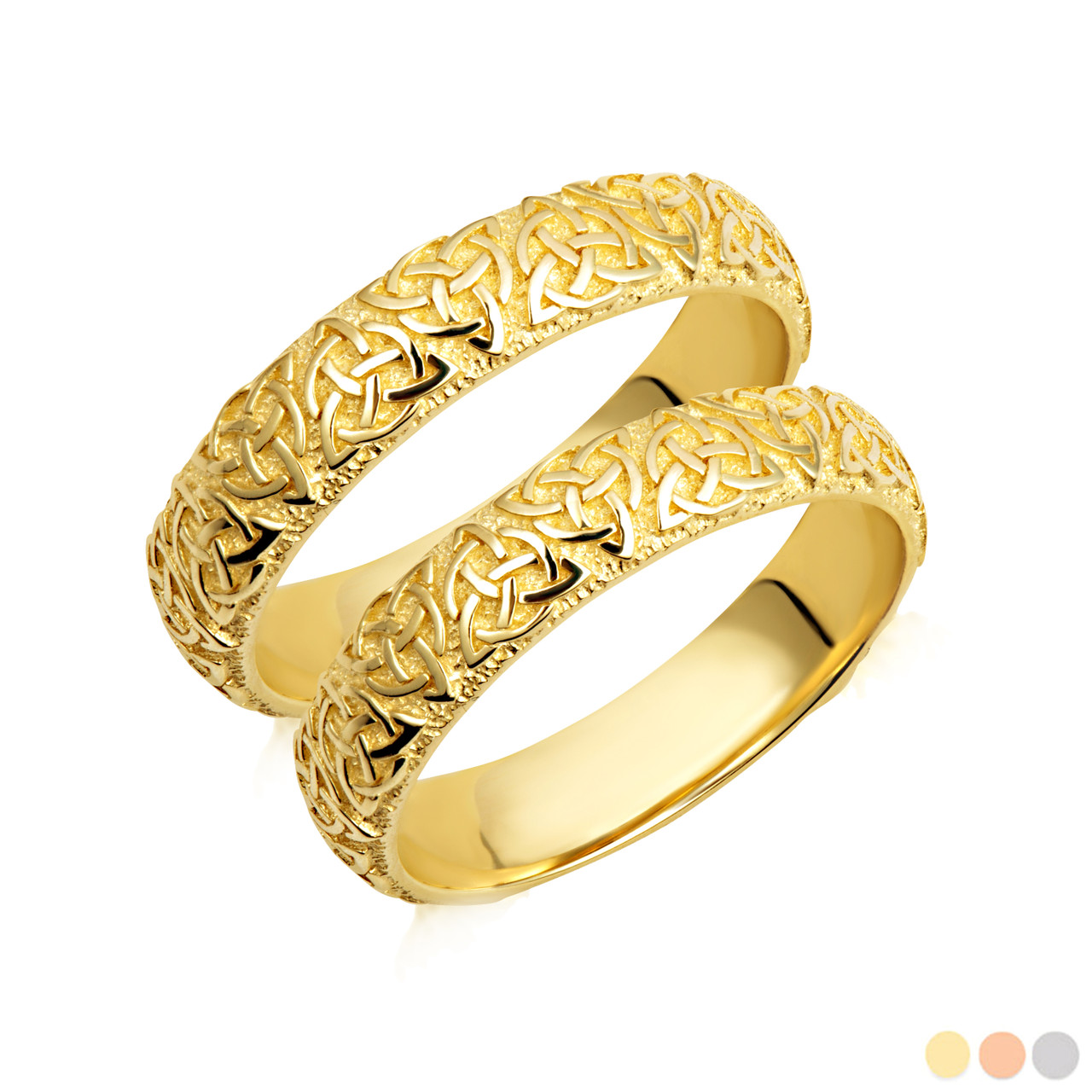 Gold Irish Celtic Trinity Knot Eternity Unisex Band Ring Set