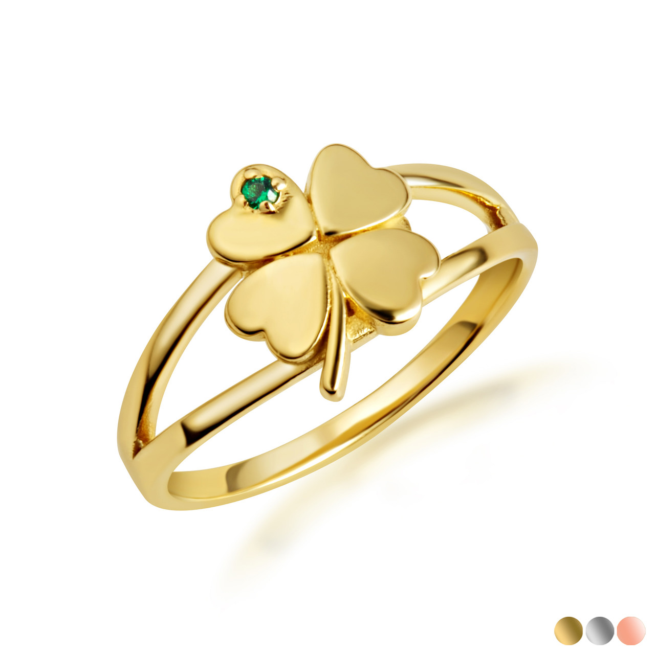 Gold Lucky Leaf Clover Emerald Gemstone Ring (Available in  Yellow/Rose/White Gold)