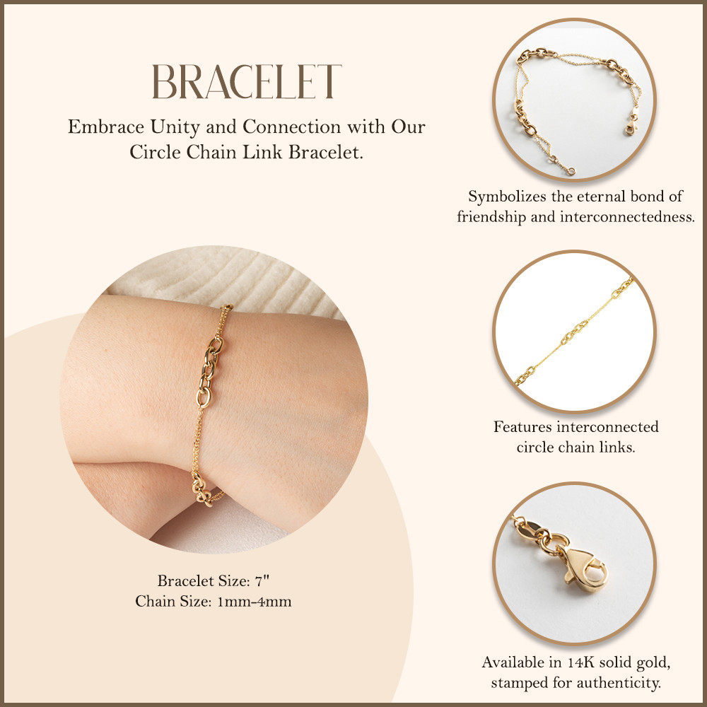 14K Yellow Gold Circle Chain Link Love Knot Bracelet 7