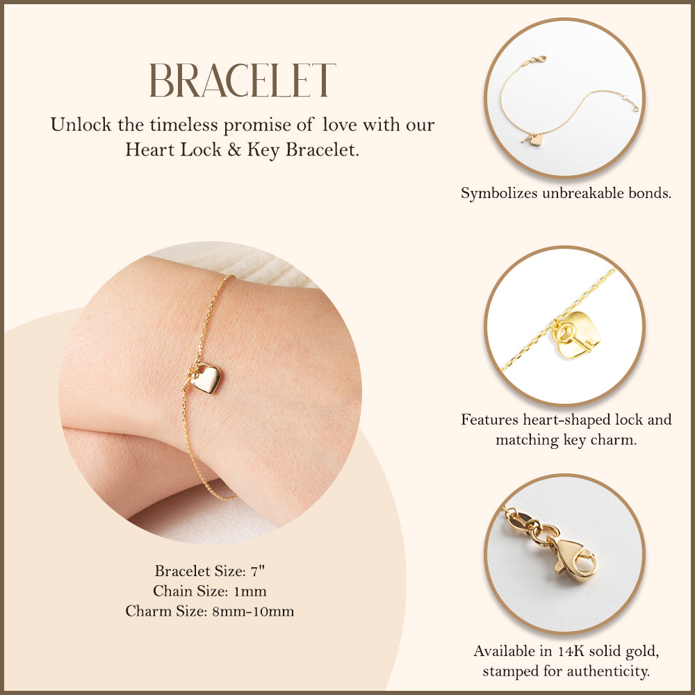 14K Yellow Gold Heart Lock & Key Love Bracelet 7