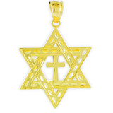 Factory Direct Jewelry Yellow Gold Jewish Star of David Cross Pendant (M) 1.25" 