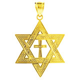 Factory Direct Jewelry Yellow Gold Jewish Star of David Cross Pendant (M) 1.25" 