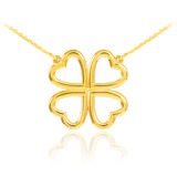 14K Yellow Gold Four Leaf heart Clover Lucky Charm Necklace