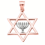 Gold Star of David with Menorah Pendant Necklace (Available in Two Tone Yellow / Two Tone Rose / White Gold)