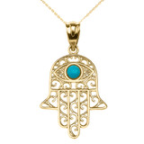 Yellow Gold Hamsa Hand With Hamsa Hand With Turquoise Evil Eye Pendant Necklace