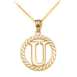 Solid Gold "A-Z" Initial in Rope Circle Pendant Necklace(Available in Yellow/Rose/White Gold)