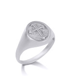 White Gold Religious Cross Textured Signet Ring