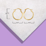 14K Yellow Gold Diamond Cut & High Polish Finish Reversible Hoop Earrings with measurements
