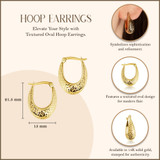 14K Yellow Gold Textured Oval Hoop Earrings with measurements