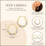 14K Two Tone Gold Textured Hoop Earrings with measurements