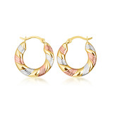 14K Tri Color Gold Polished Striped Hoop Earrings