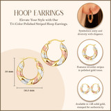 14K Tri Color Gold Polished Striped Hoop Earrings with measurements