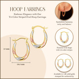 14K Tri Color Gold Striped Oval Hoop Earrings with measurements