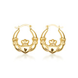 14K Yellow Gold Irish Celtic Claddagh Heart Crown Hoop Earrings