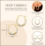 14K Two Tone Gold Striped Hoop Earrings with measurements