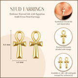 Yellow Gold Egyptian Ankh Cross Stud Earrings with measurements