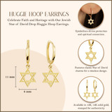 Yellow Gold Jewish Star Of David Textured Drop Huggie Hoop Earrings with measurements