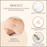 14K Yellow Gold Heart Lock & Key Love Bracelet 7" with measurements