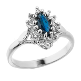 Sterling Silver Marquise Blue Sapphire and White Topaz Ladies Princess Ring