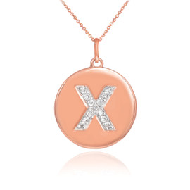 14k Rose Gold Letter "X" Initial Diamond Disc Pendant Necklace