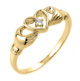 Gold Claddagh Ring - Yellow Gold Claddagh Ring with Diamond